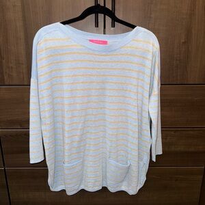 Lilly Pulitzer Cobo Sweater Womens XS Blue Gold Coastal Shell Stripe Oversized